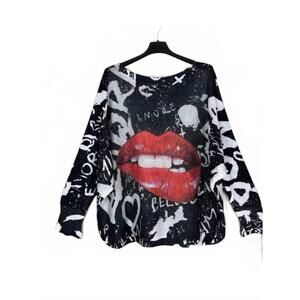 NEW LOOWIE women's lips printed sweater in black/white/red